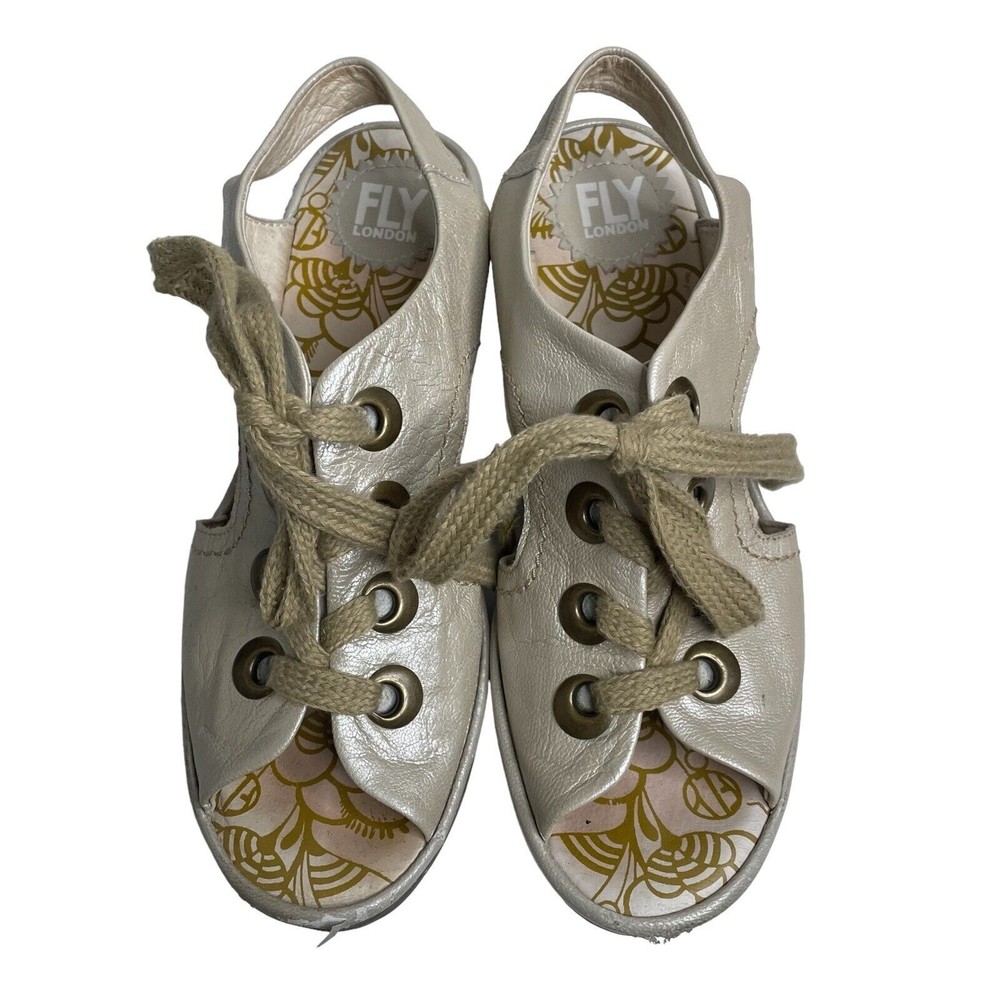 Fly London Ylfa Leather Lace Up Wedge Sandals Shoes US 7.5 EU 38 Pearlized a1 - Picture 8 of 10